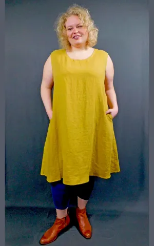 100% LINEN Long Sleeveless Dress w Pockets - Amber Gold