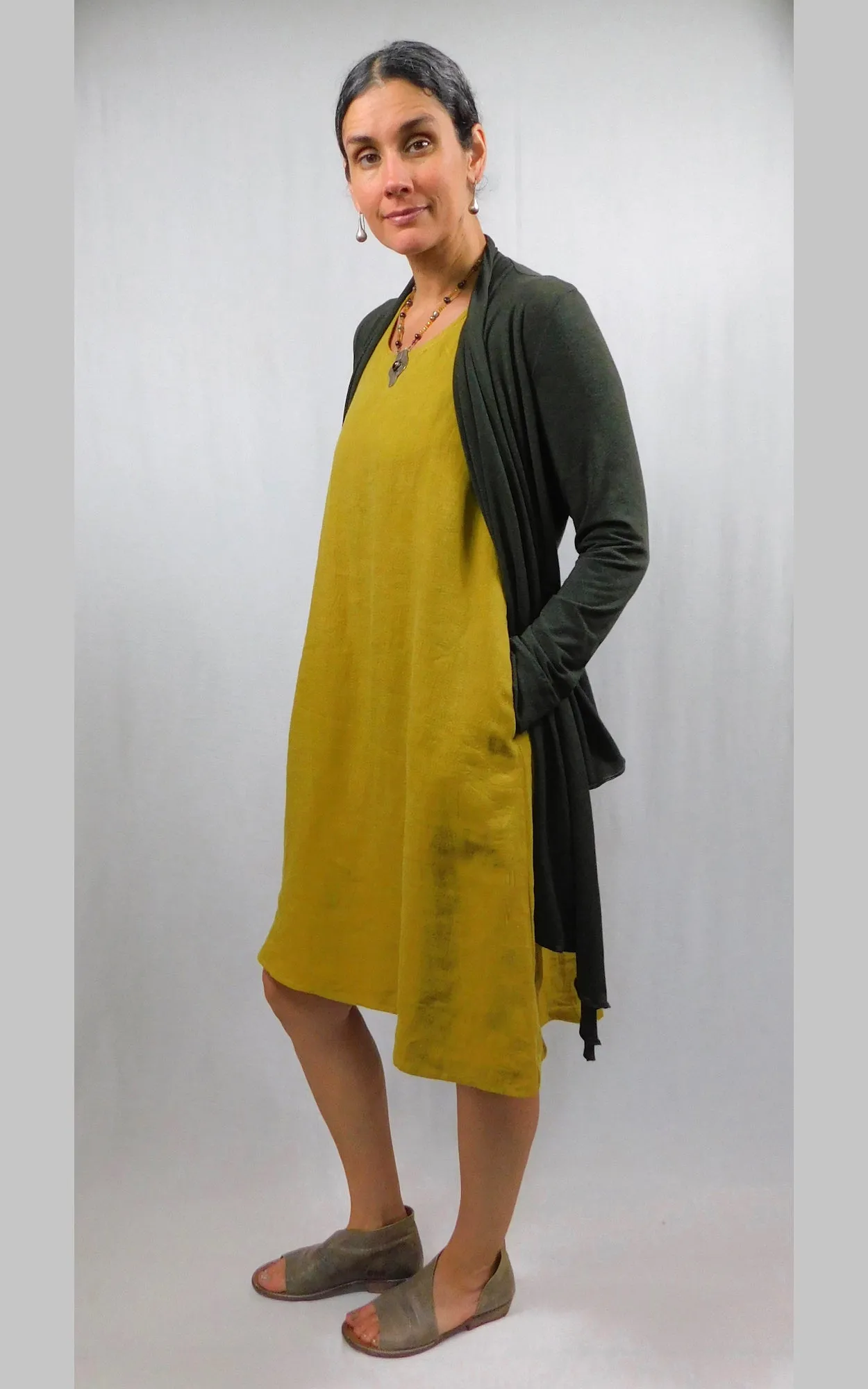 100% LINEN Long Sleeveless Dress w Pockets - Amber Gold