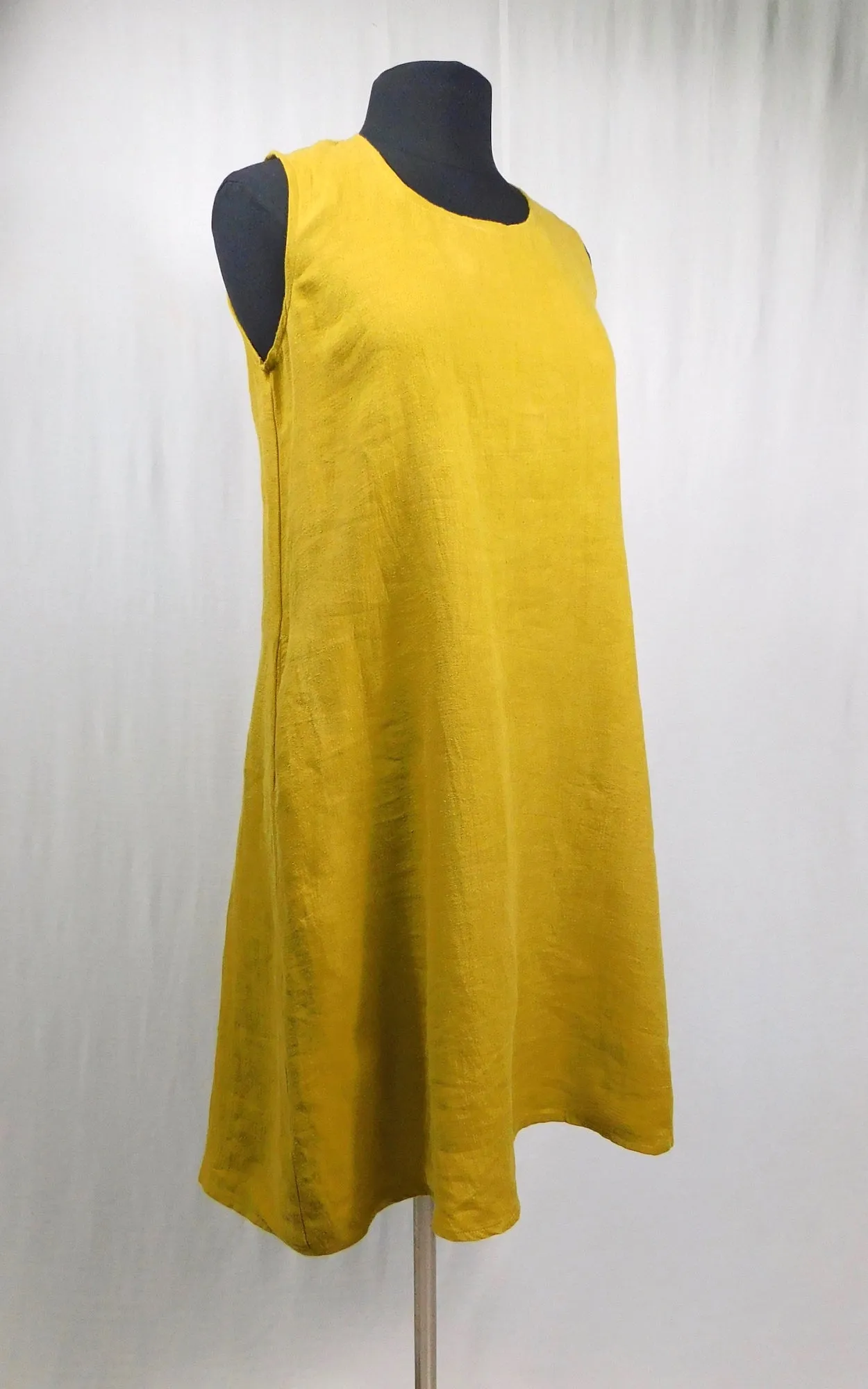 100% LINEN Long Sleeveless Dress w Pockets - Amber Gold