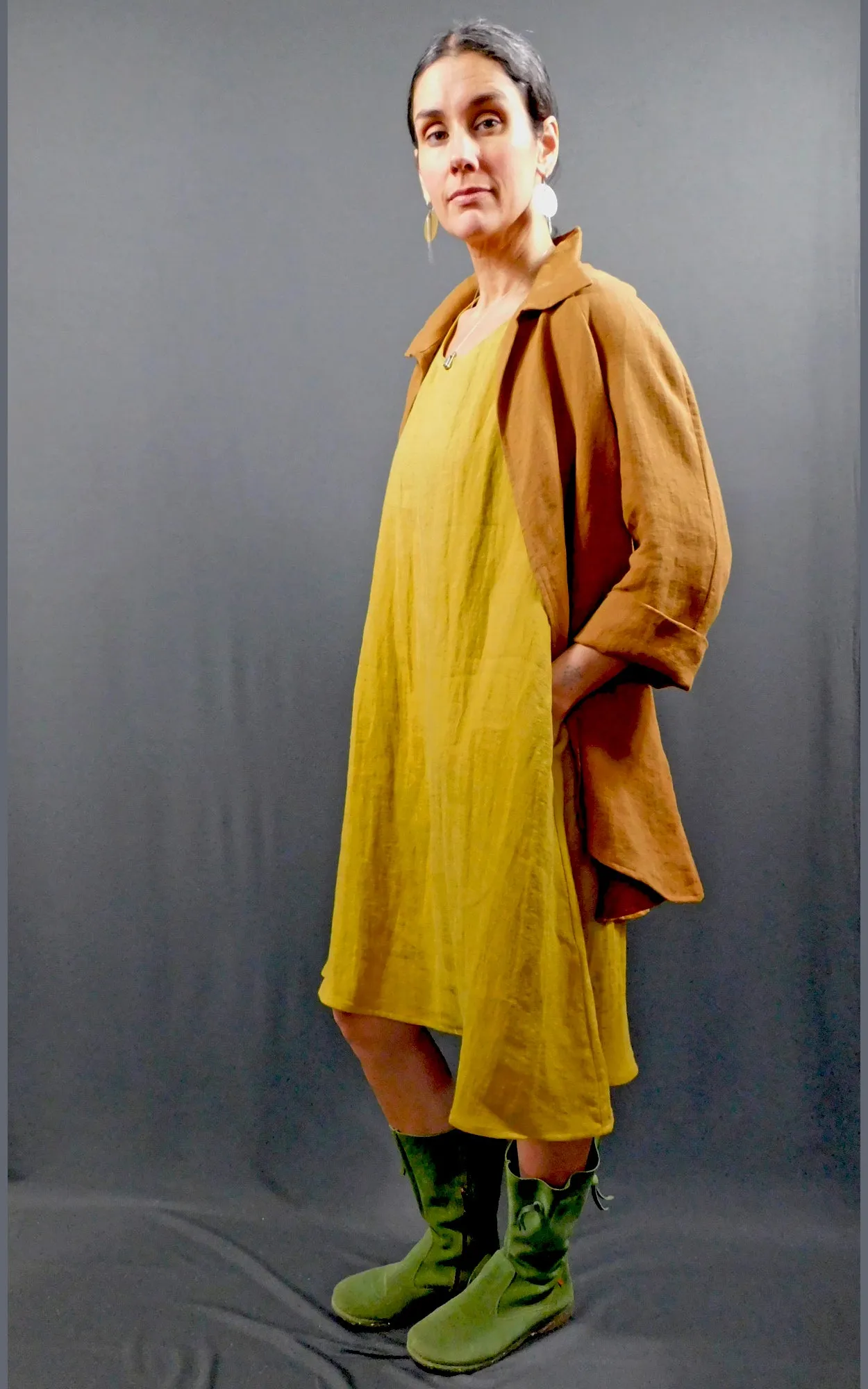 100% LINEN Long Sleeveless Dress w Pockets - Amber Gold
