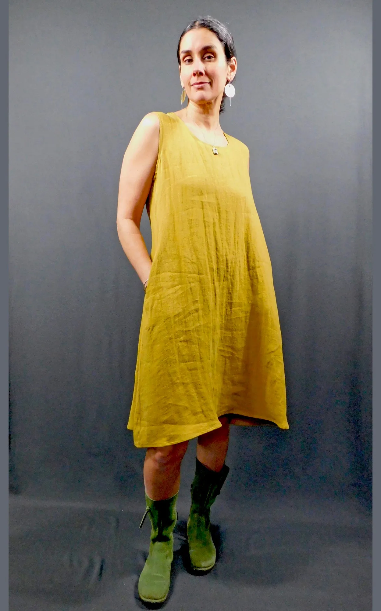 100% LINEN Long Sleeveless Dress w Pockets - Amber Gold