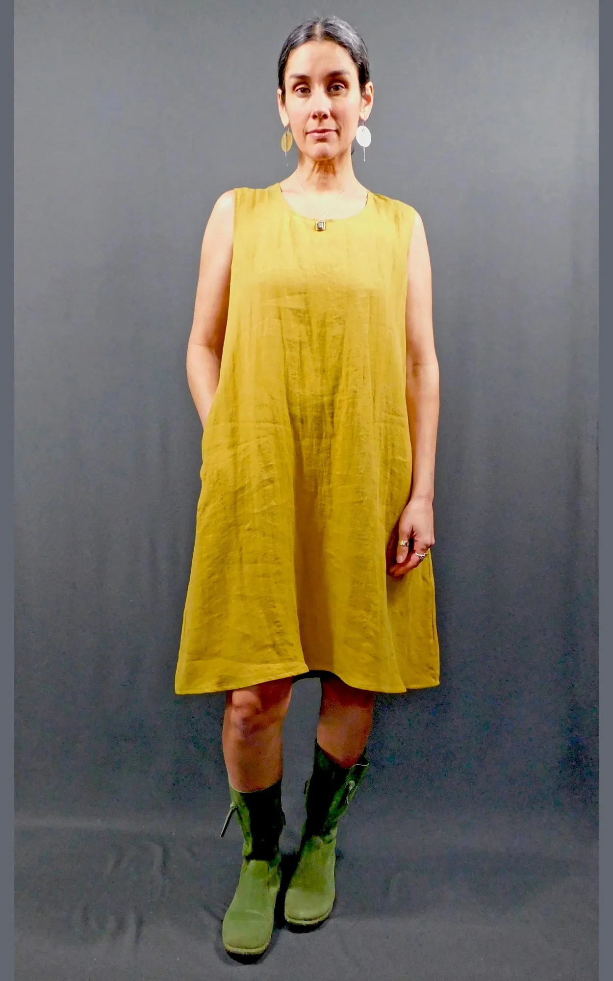 100% LINEN Long Sleeveless Dress w Pockets - Amber Gold
