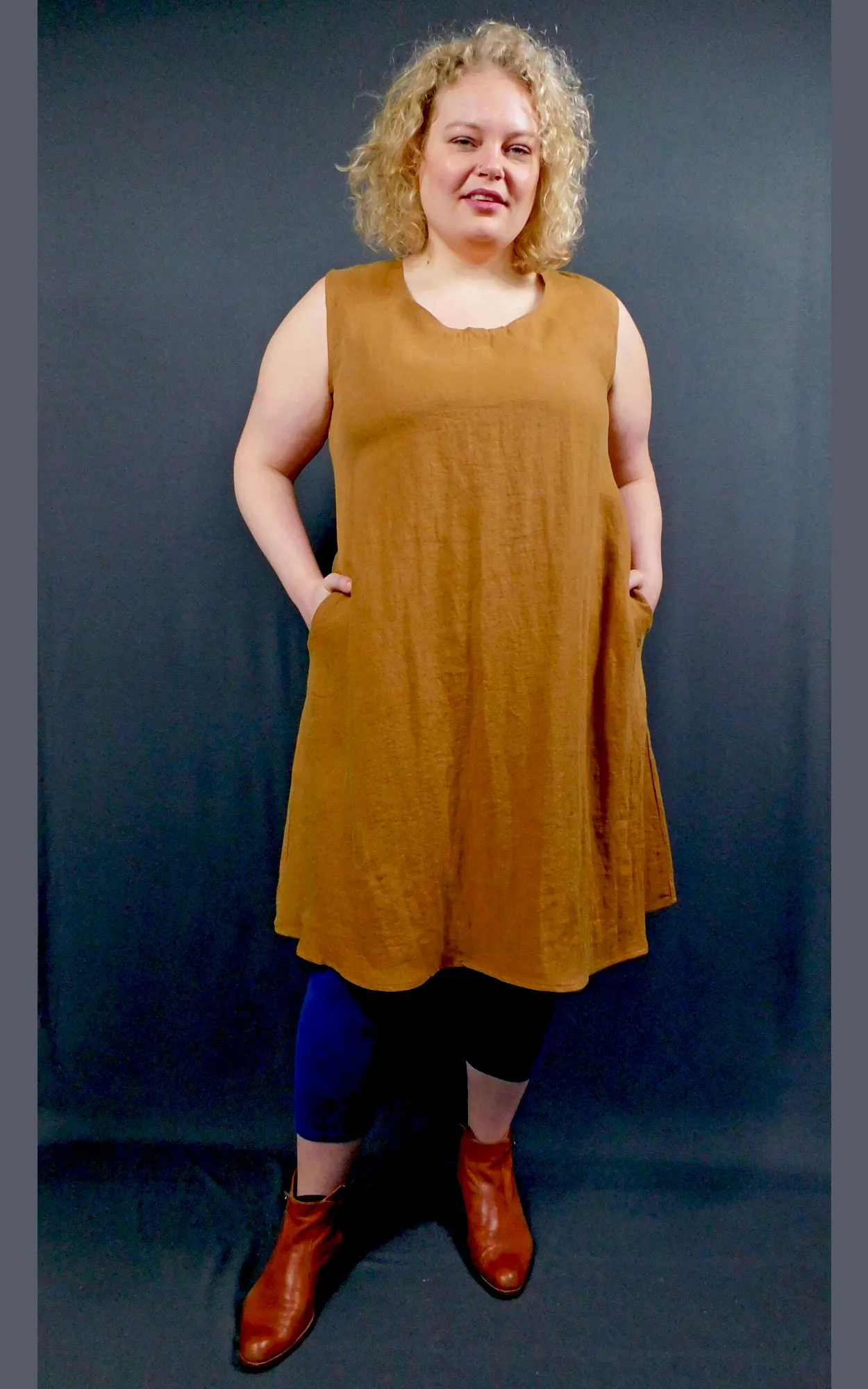 100% LINEN Long Sleeveless Dress w Pockets - Caramel