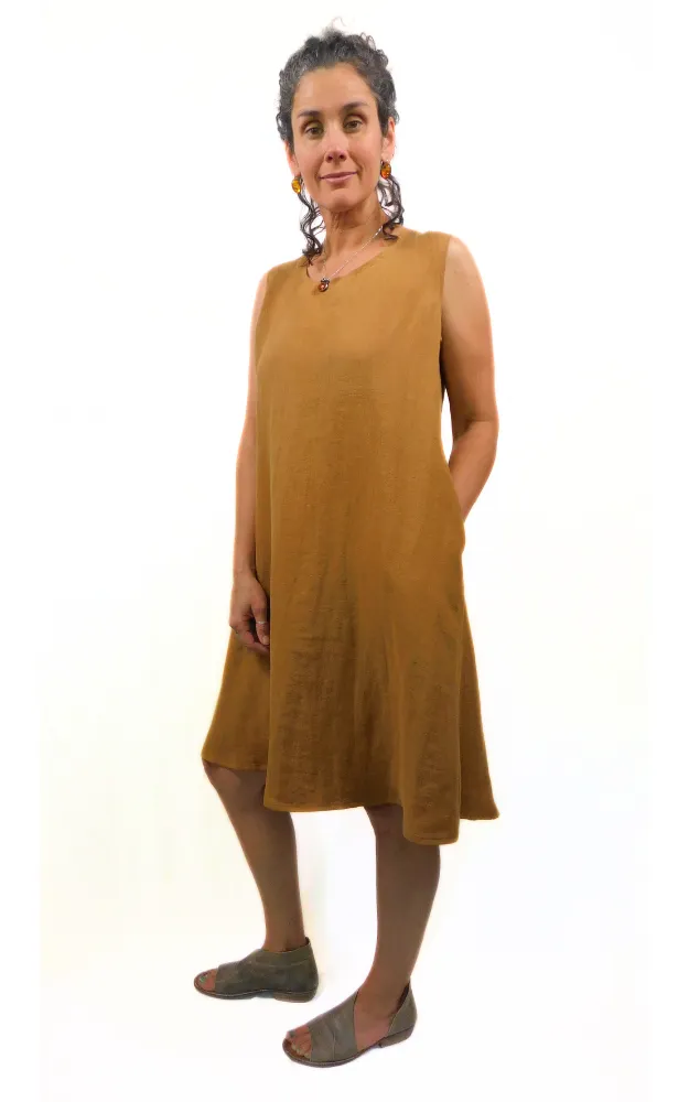 100% LINEN Long Sleeveless Dress w Pockets - Caramel
