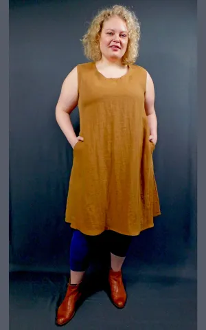 100% LINEN Long Sleeveless Dress w Pockets - Caramel
