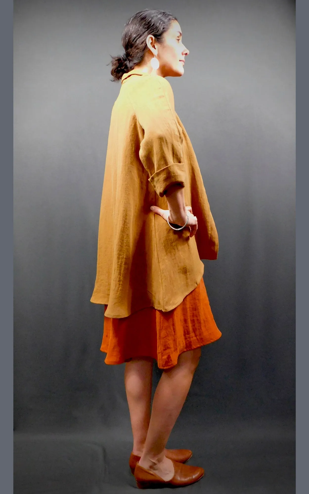 100% LINEN Long Sleeveless Dress w Pockets - Cognac
