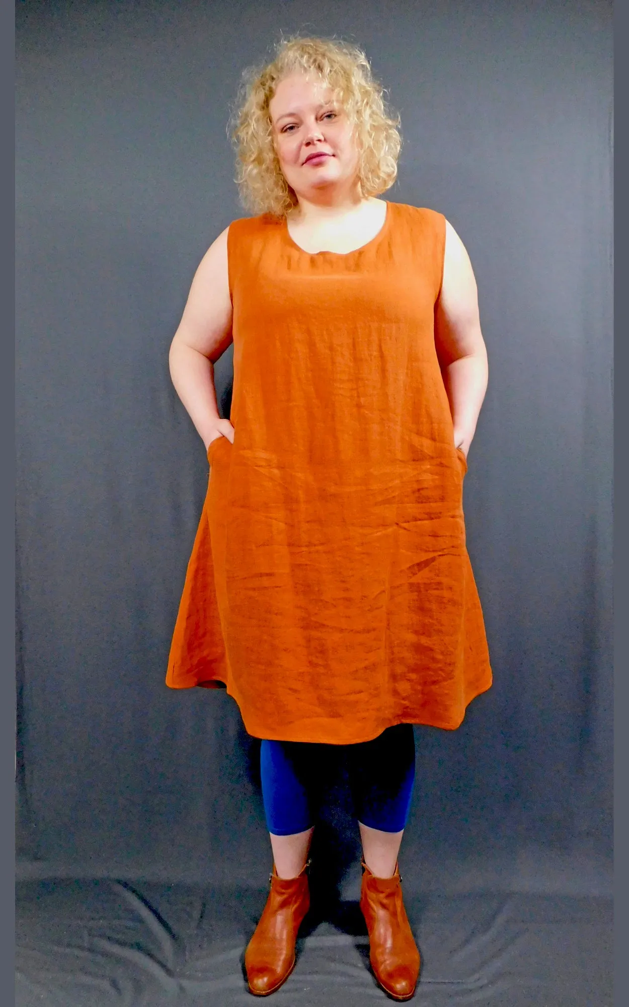 100% LINEN Long Sleeveless Dress w Pockets - Cognac