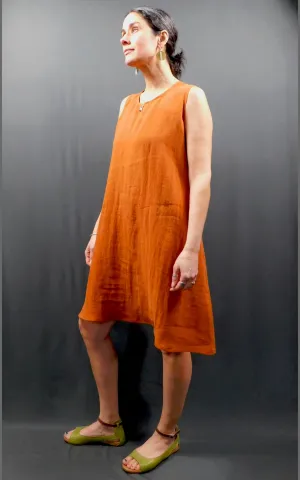 100% LINEN Long Sleeveless Dress w Pockets - Cognac