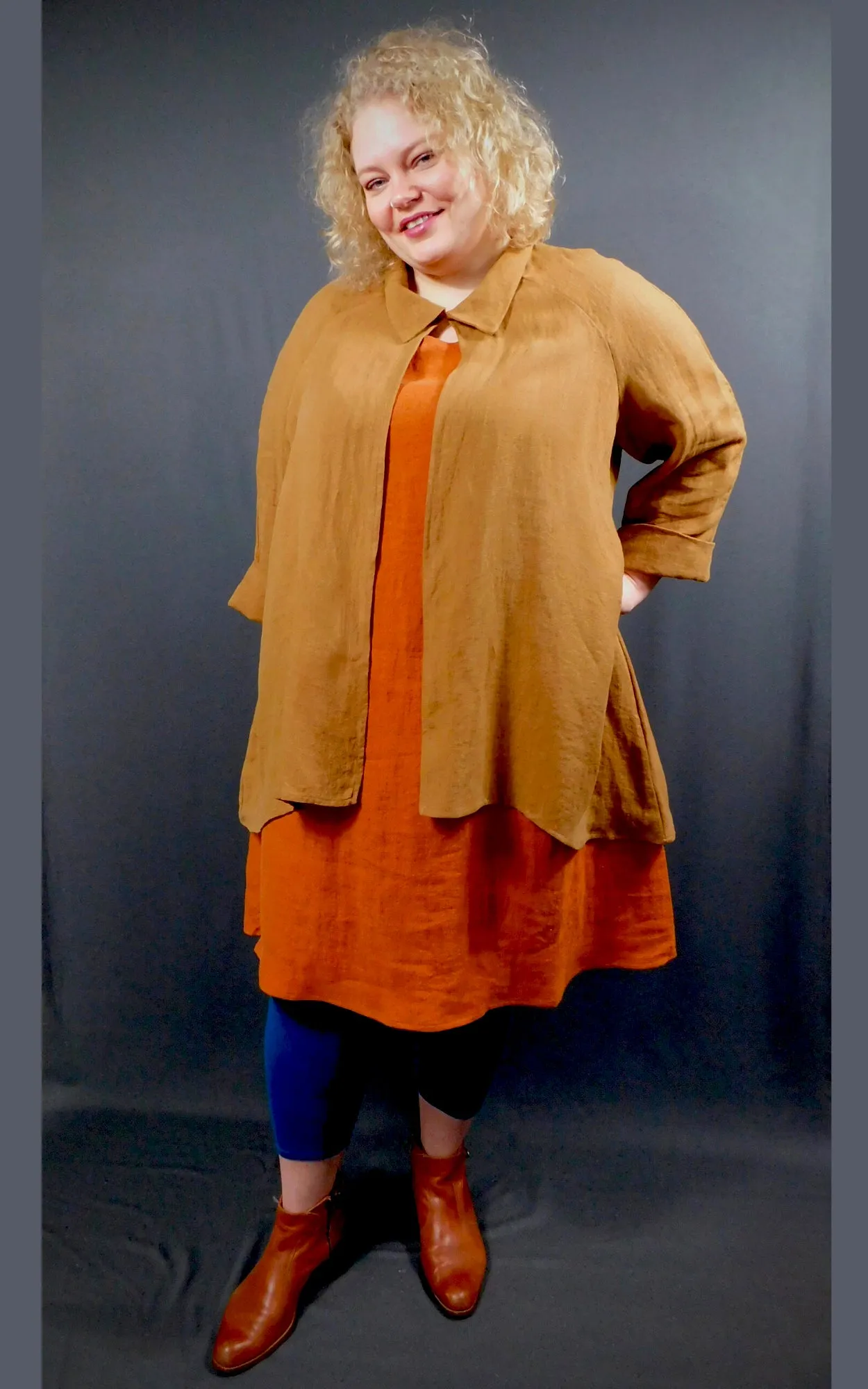100% LINEN Long Sleeveless Dress w Pockets - Cognac