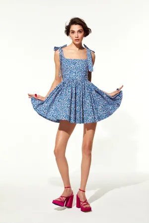 Audree Floral Print Poplin Mini Dress in Azure Blue