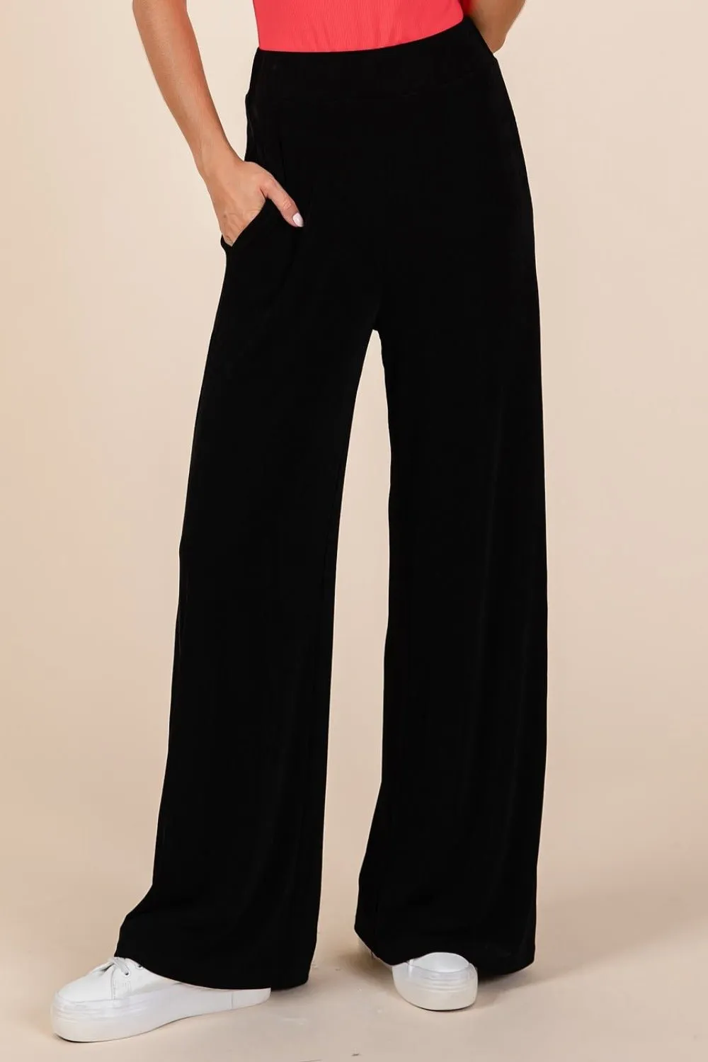 Black Elastic Waist Pants with Pockets