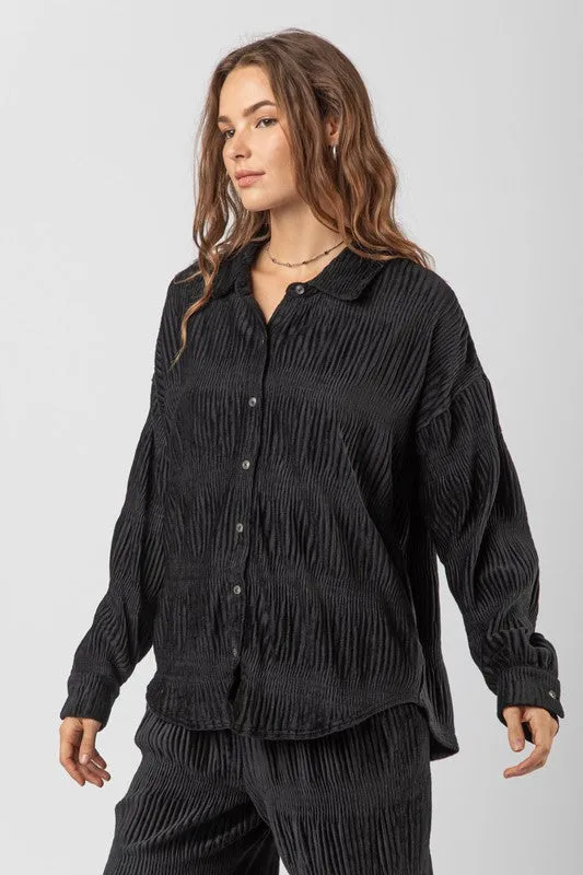 Black Plus Crinkled Soft Velvet Comfy Oversized Shirt
