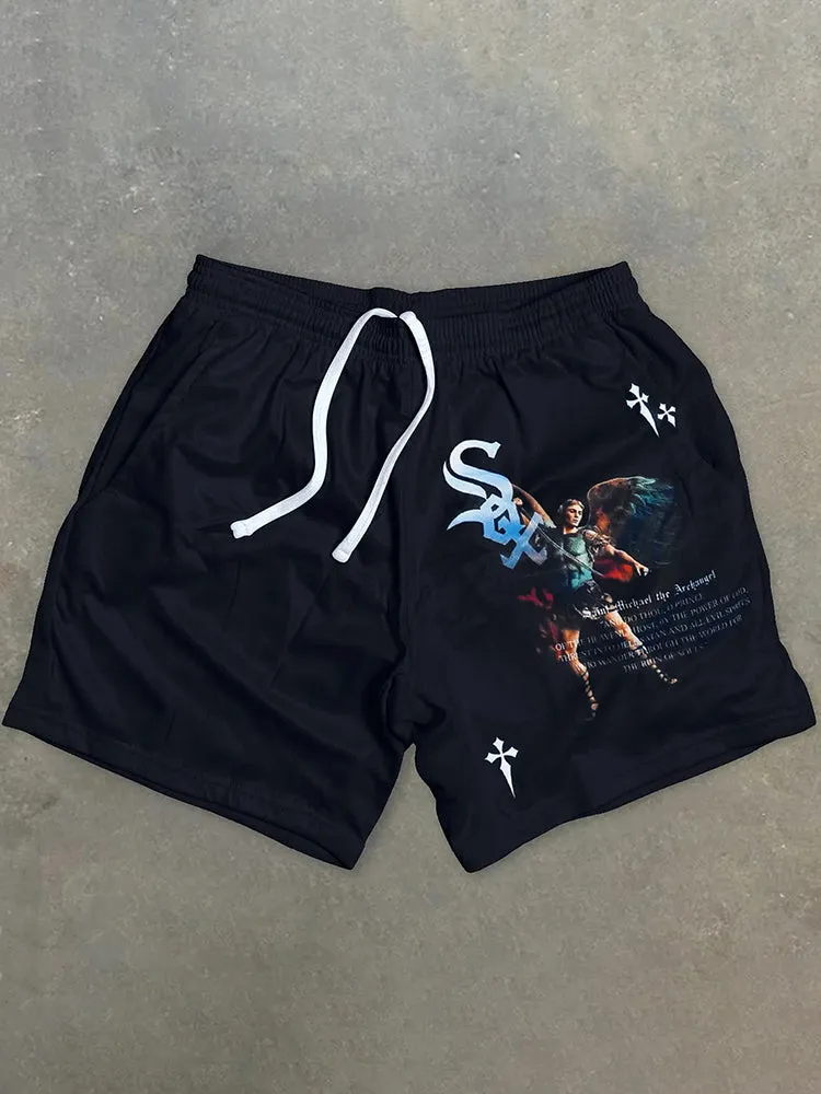 Blavra Archangel Cross Print Mesh Shorts
