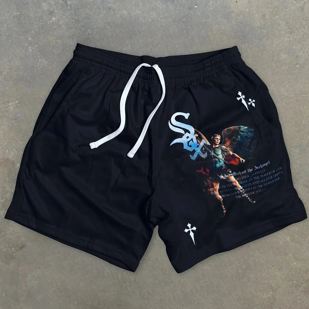 Blavra Archangel Cross Print Mesh Shorts