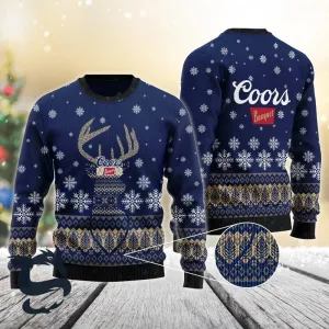 Blue Coors Banquet Reindeer Snowy Christmas Sweater