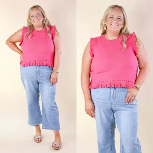 Breezy Baby Cropped Sweater with Ruffle Cap Sleeves in Hot Pink