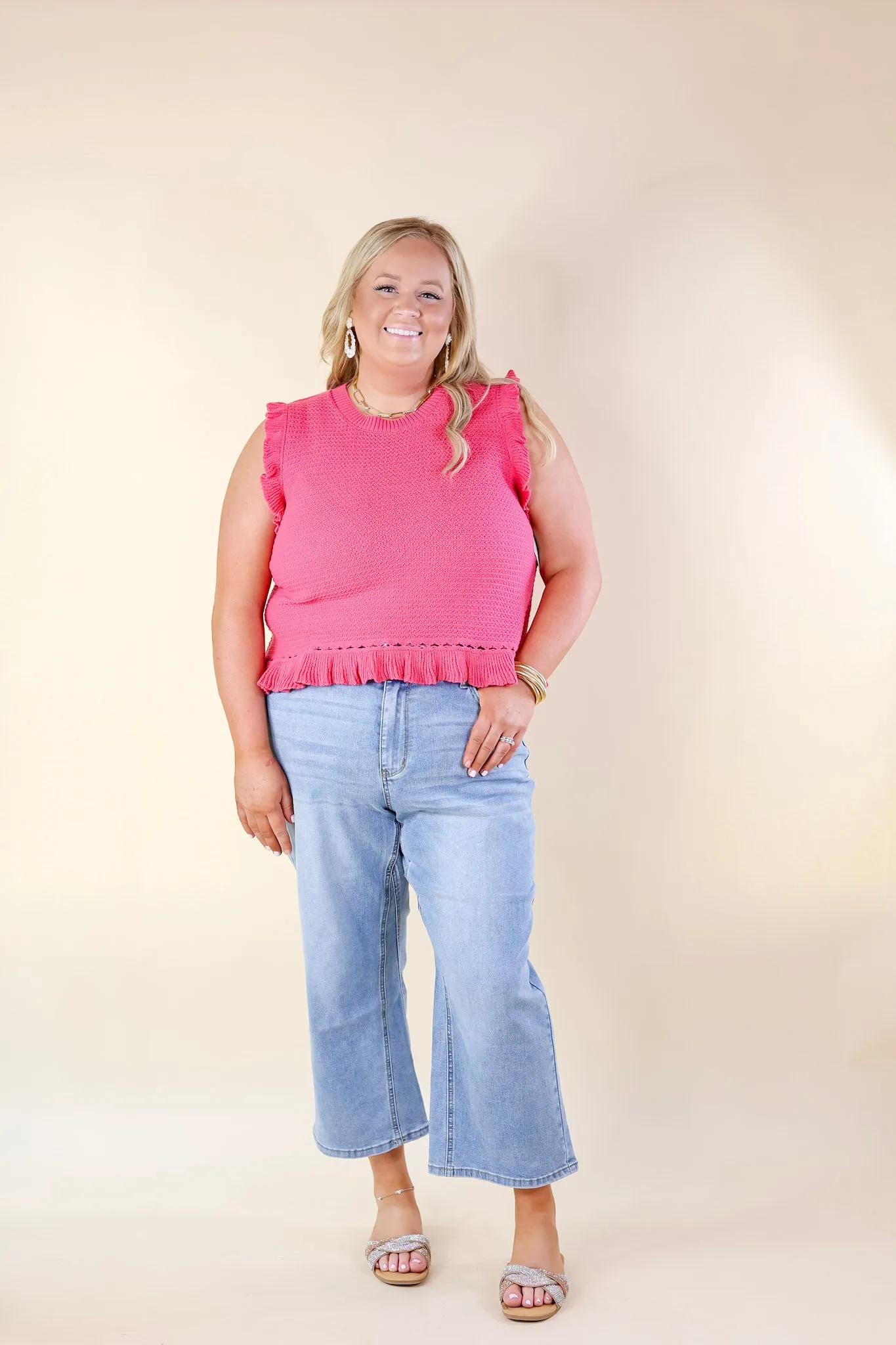 Breezy Baby Cropped Sweater with Ruffle Cap Sleeves in Hot Pink