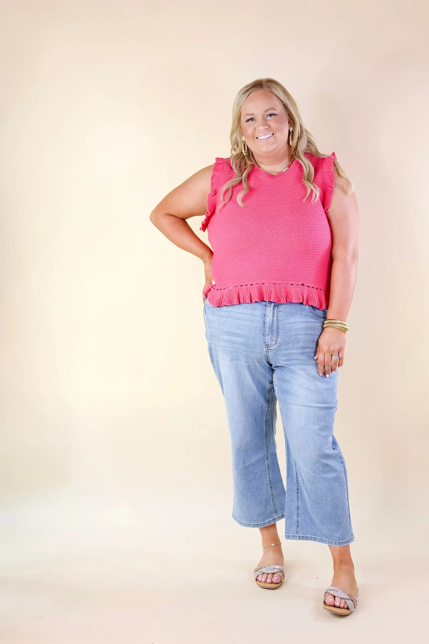Breezy Baby Cropped Sweater with Ruffle Cap Sleeves in Hot Pink