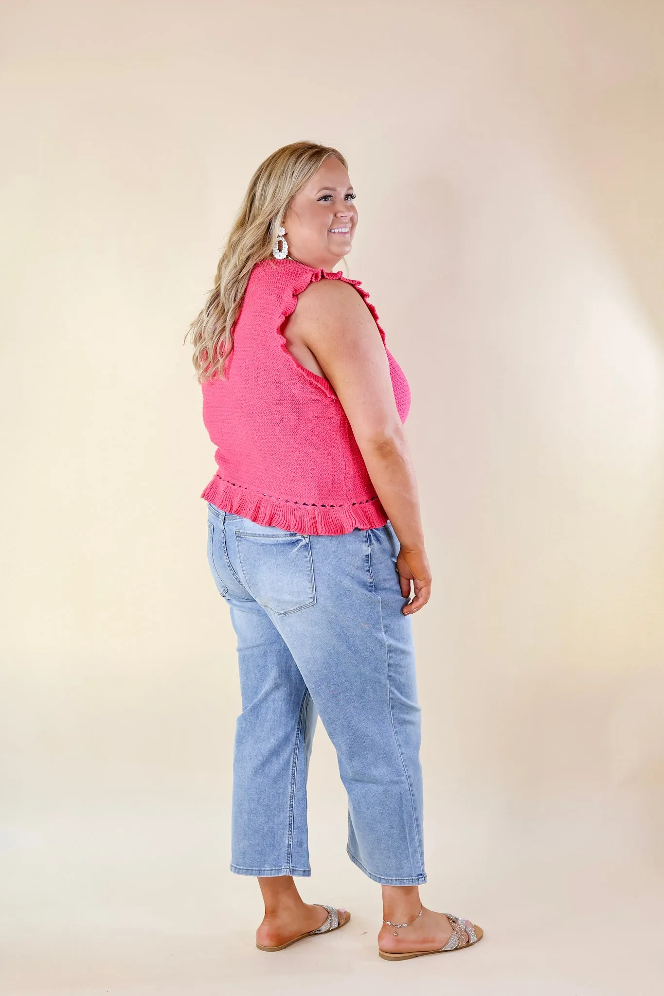 Breezy Baby Cropped Sweater with Ruffle Cap Sleeves in Hot Pink