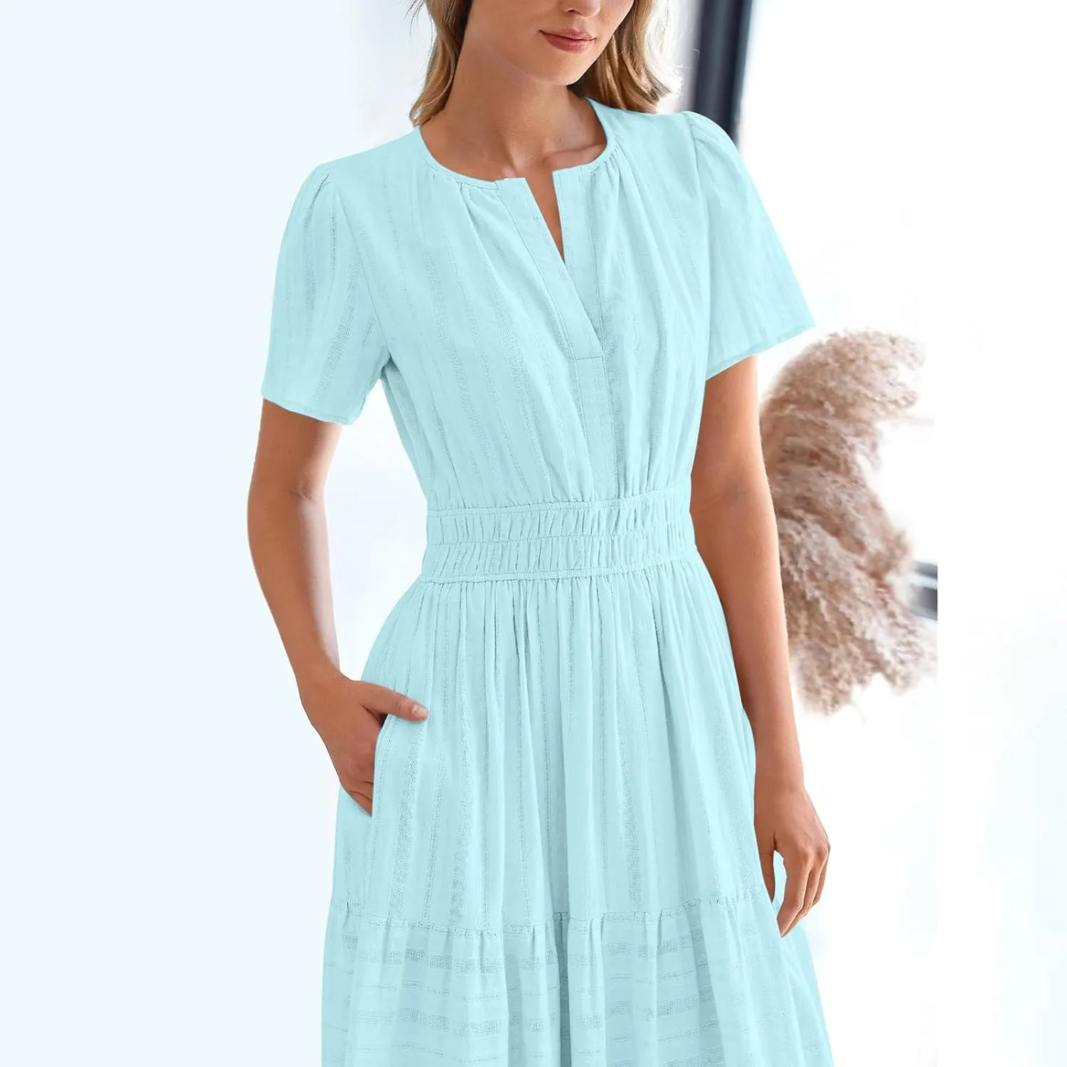 Casual Dresses for Women 2025 High Waisted Summer Vacation Dress Short Sleeve V Neck Holiday Midi Dresses