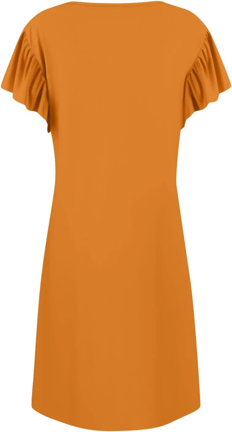 Casual Dresses for Women V Neck Ruffle Sleeve Empire Waist Short Tshirt Dress Flowy Summer Beach Vacation Sun Dresses