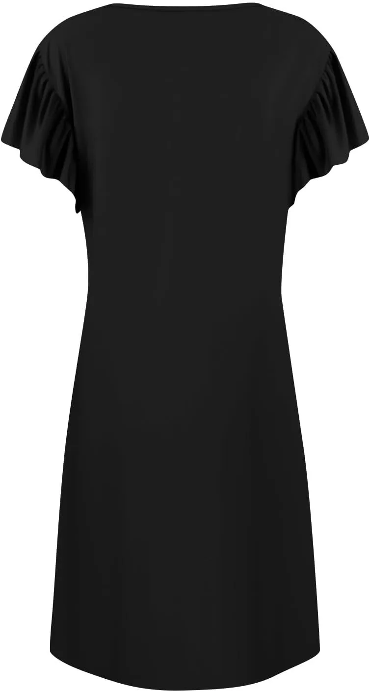 Casual Dresses for Women V Neck Ruffle Sleeve Empire Waist Short Tshirt Dress Flowy Summer Beach Vacation Sun Dresses