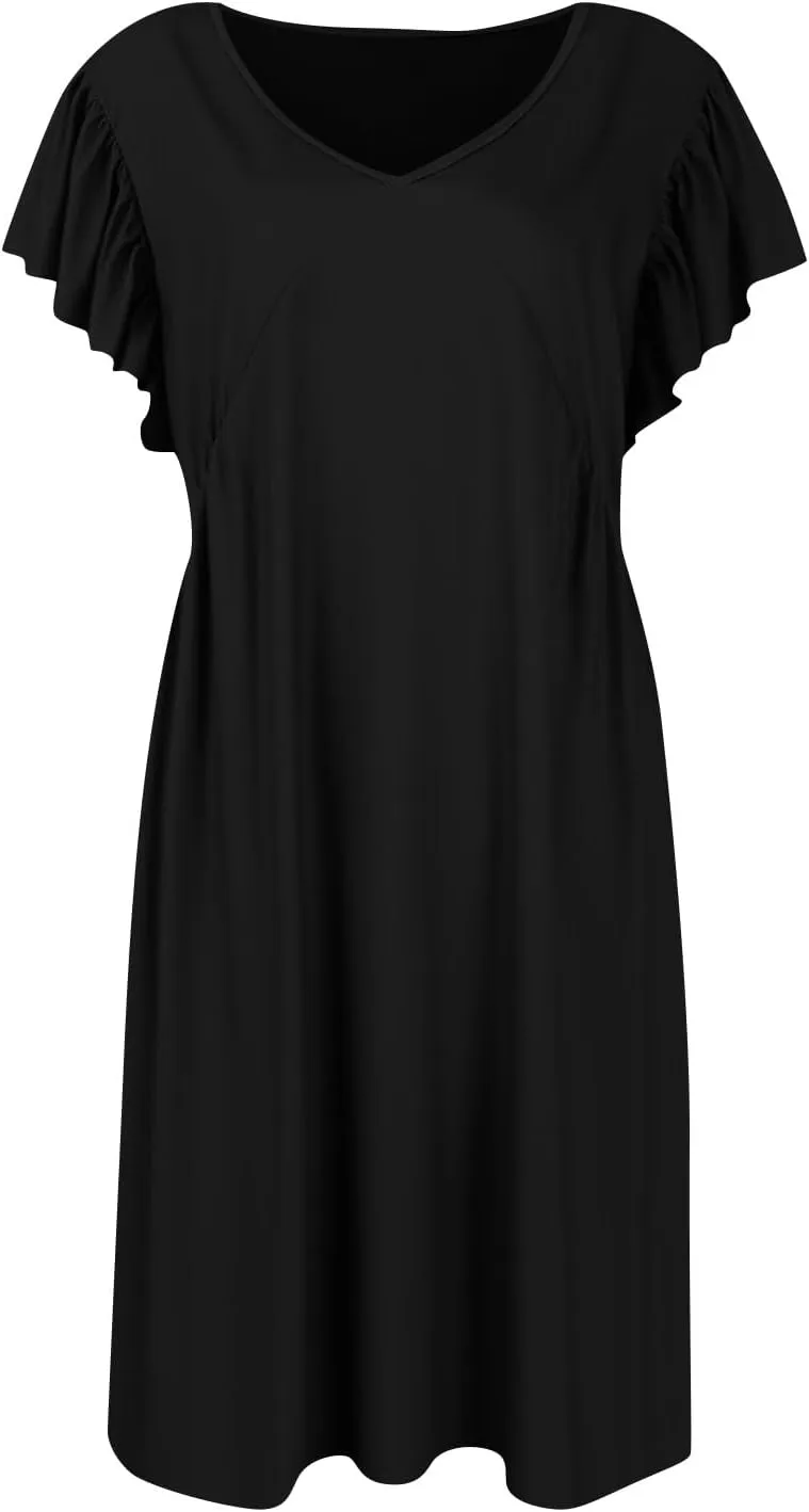 Casual Dresses for Women V Neck Ruffle Sleeve Empire Waist Short Tshirt Dress Flowy Summer Beach Vacation Sun Dresses