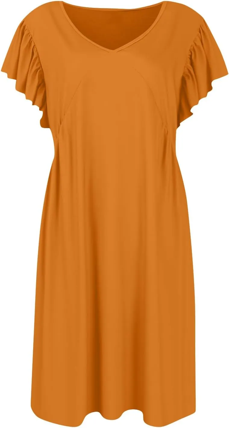 Casual Dresses for Women V Neck Ruffle Sleeve Empire Waist Short Tshirt Dress Flowy Summer Beach Vacation Sun Dresses