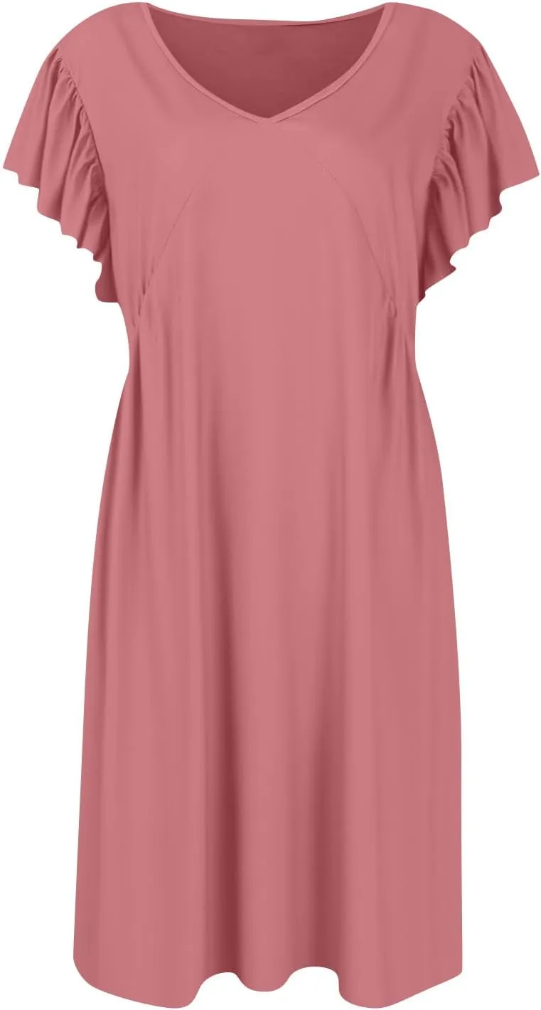 Casual Dresses for Women V Neck Ruffle Sleeve Empire Waist Short Tshirt Dress Flowy Summer Beach Vacation Sun Dresses