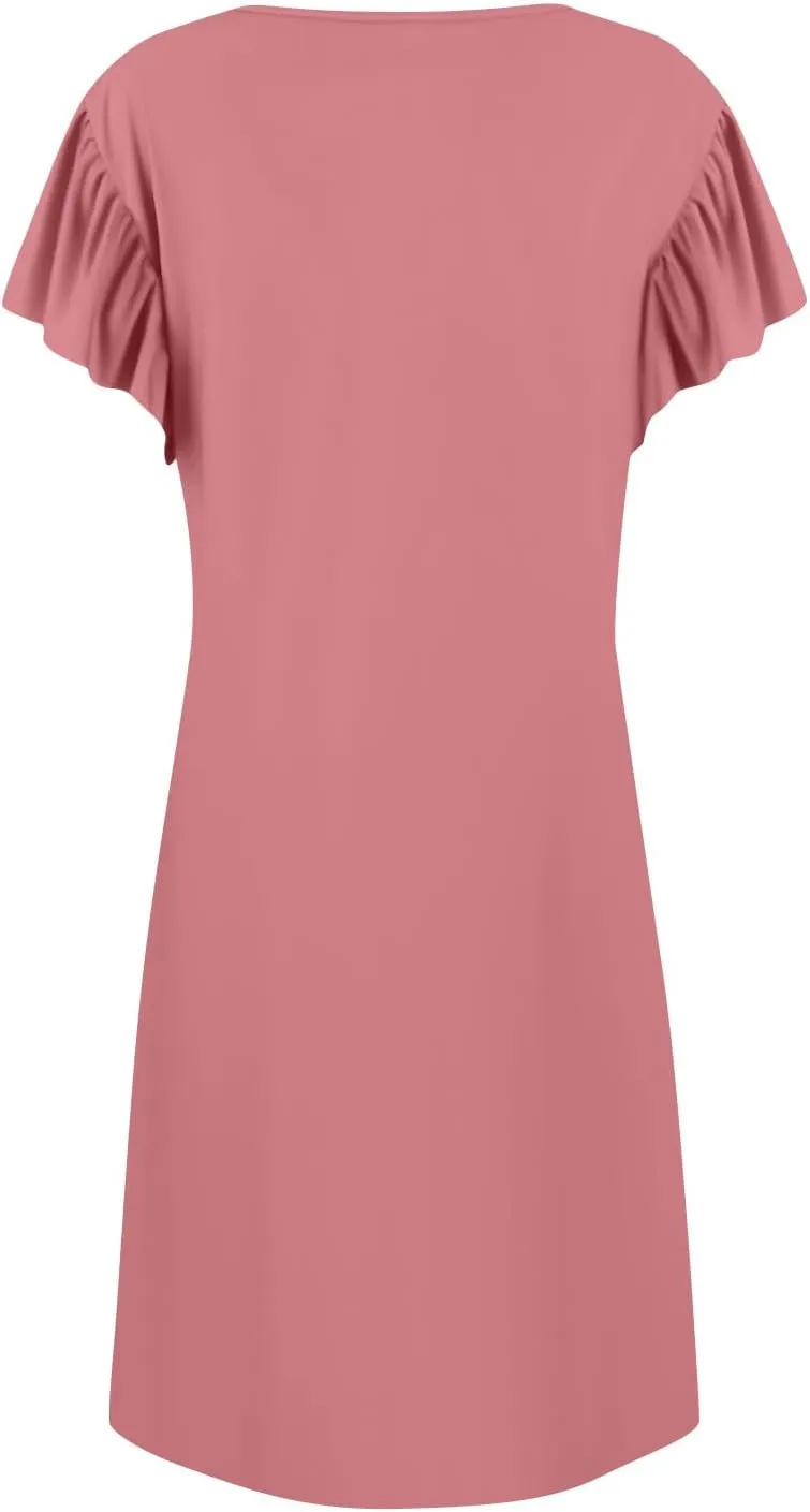 Casual Dresses for Women V Neck Ruffle Sleeve Empire Waist Short Tshirt Dress Flowy Summer Beach Vacation Sun Dresses