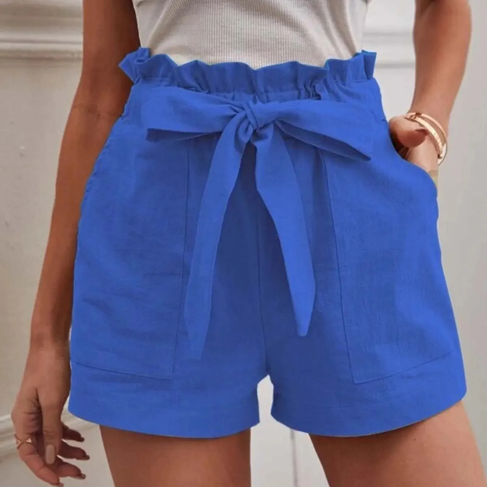 Cotton Wide Leg For Women Casual Comfy Lace Up Elastic Waist Summer With Pockets Female Skort Mujer 2024 Short