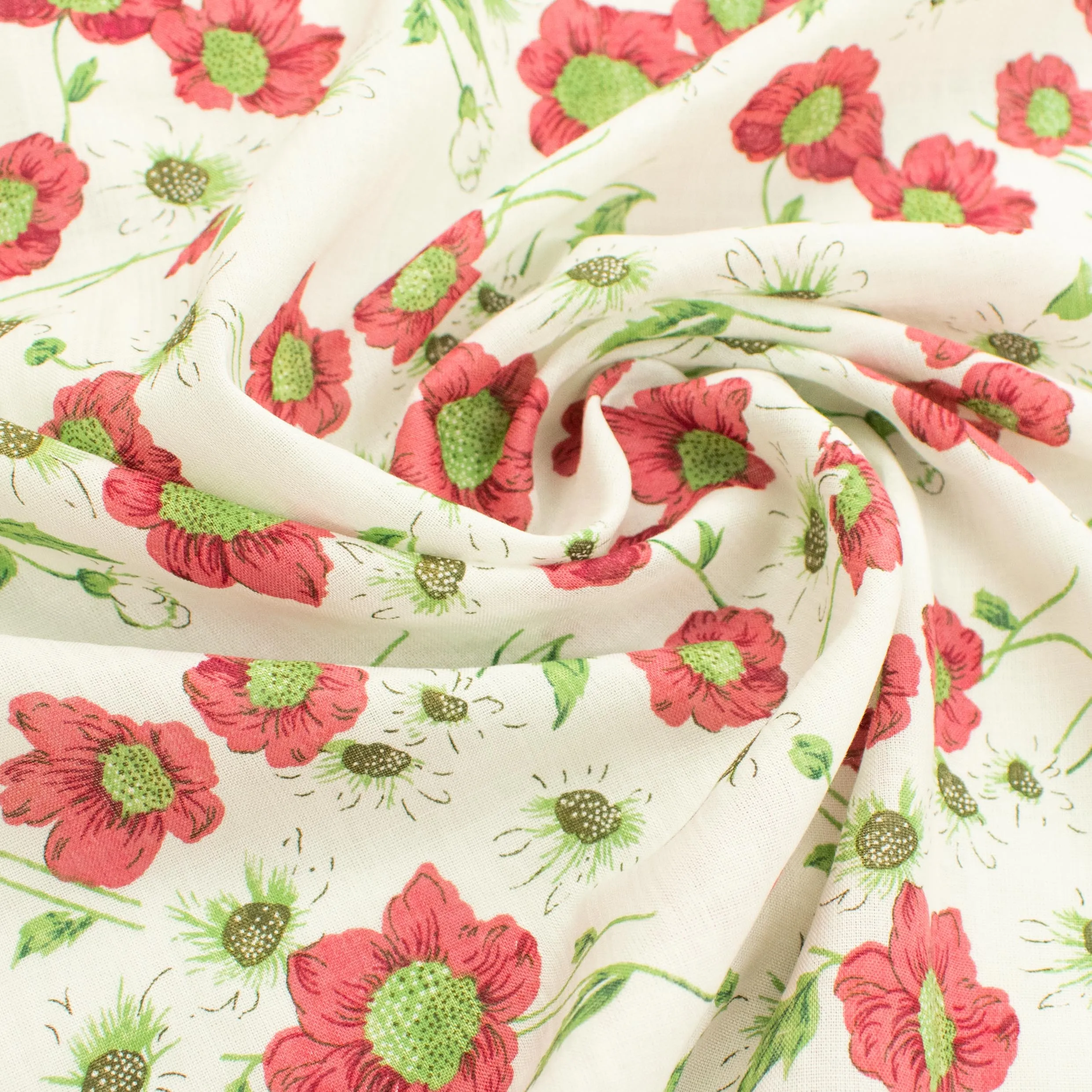 Crinkle Cotton Prints Design-16 Red Flowers on White