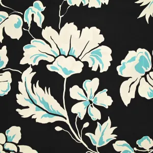 Crêpe viscose imprimé fleurs écru et bleu fond noir