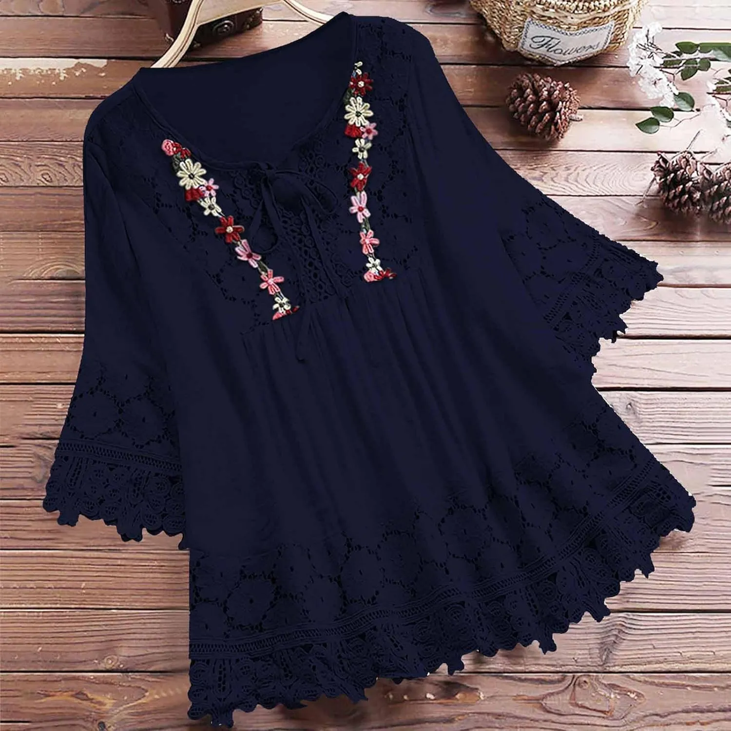 Gauze Linen Shirts for Women Summer Lace Boho Tops 3/4 Length Sleeve Beach Top Blouse Sexy V Neck Embroidered Tshirts