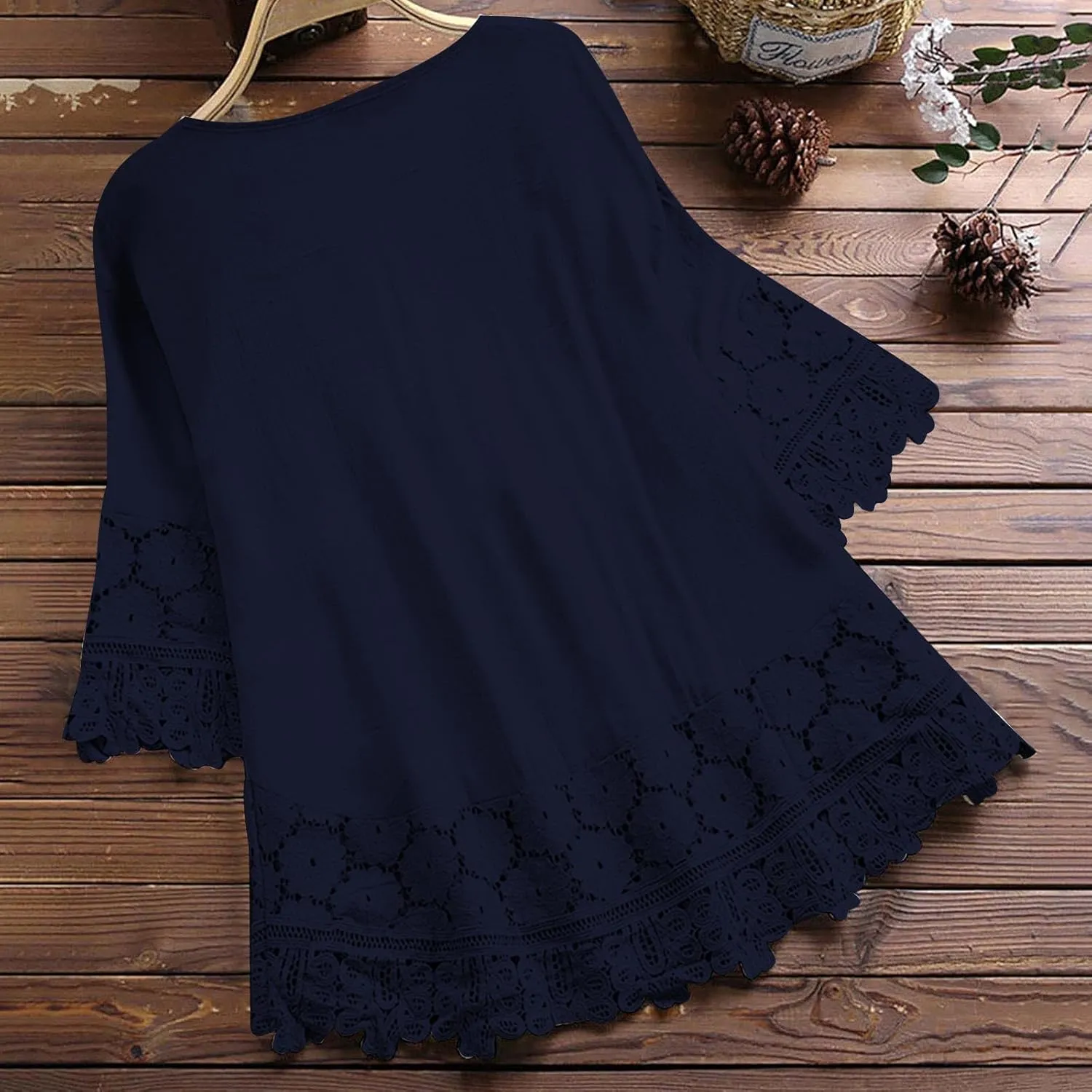 Gauze Linen Shirts for Women Summer Lace Boho Tops 3/4 Length Sleeve Beach Top Blouse Sexy V Neck Embroidered Tshirts