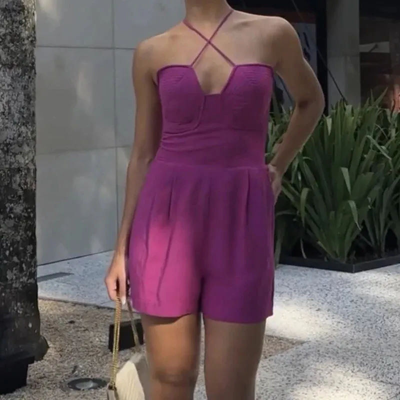 Girlary Hollowed-out Halter Straight Short Jumpsuit Women New Spring Solid High Waist Playsuit Romper Summer Backless Slim Sexy Overalls