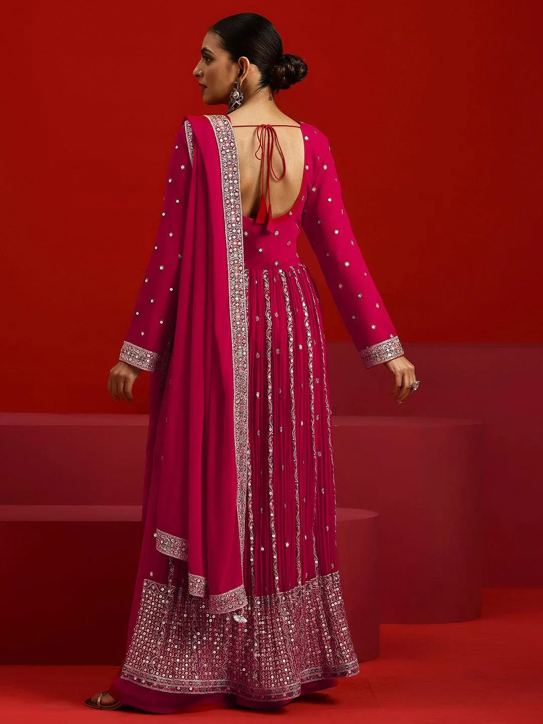 Jashvi Art Hot Pink Embroidered Georgette A-Line Kurta With Palazzos & Dupatta