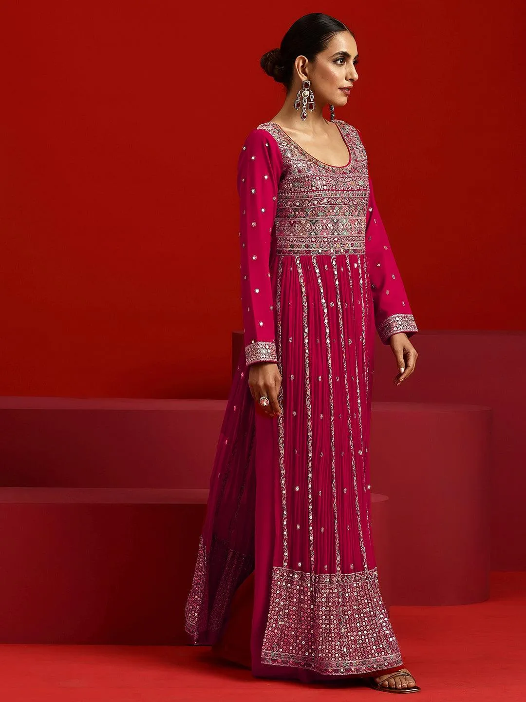 Jashvi Art Hot Pink Embroidered Georgette A-Line Kurta With Palazzos & Dupatta