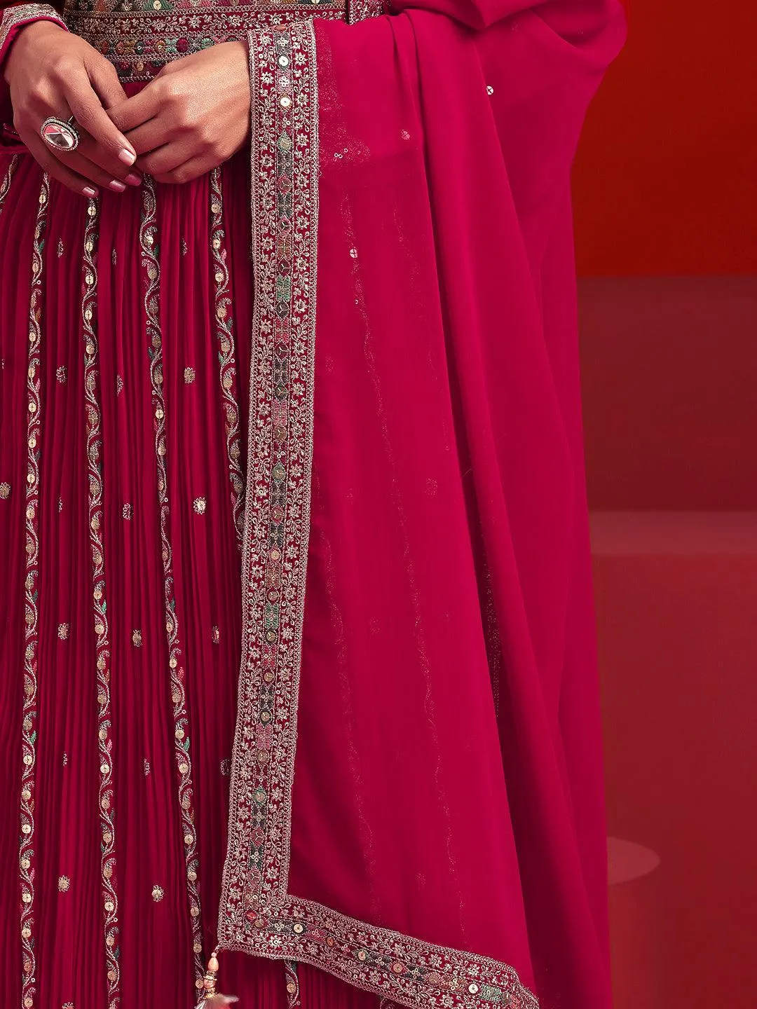 Jashvi Art Hot Pink Embroidered Georgette A-Line Kurta With Palazzos & Dupatta
