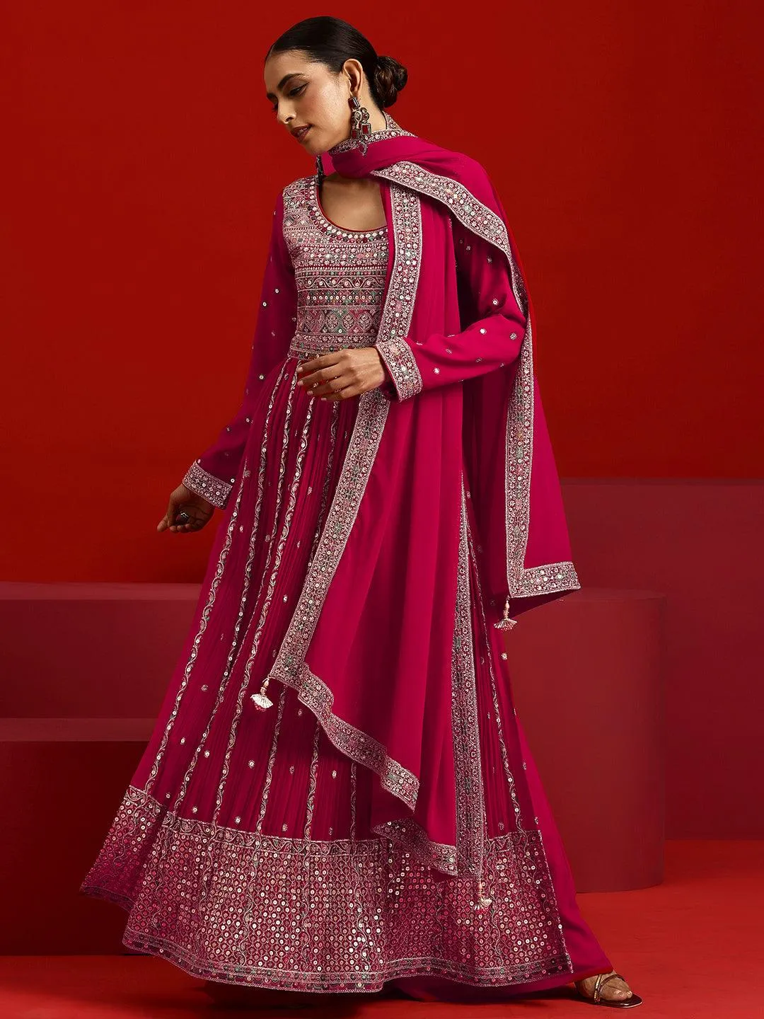 Jashvi Art Hot Pink Embroidered Georgette A-Line Kurta With Palazzos & Dupatta