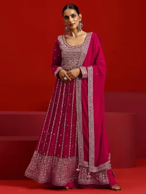 Jashvi Art Hot Pink Embroidered Georgette A-Line Kurta With Palazzos & Dupatta