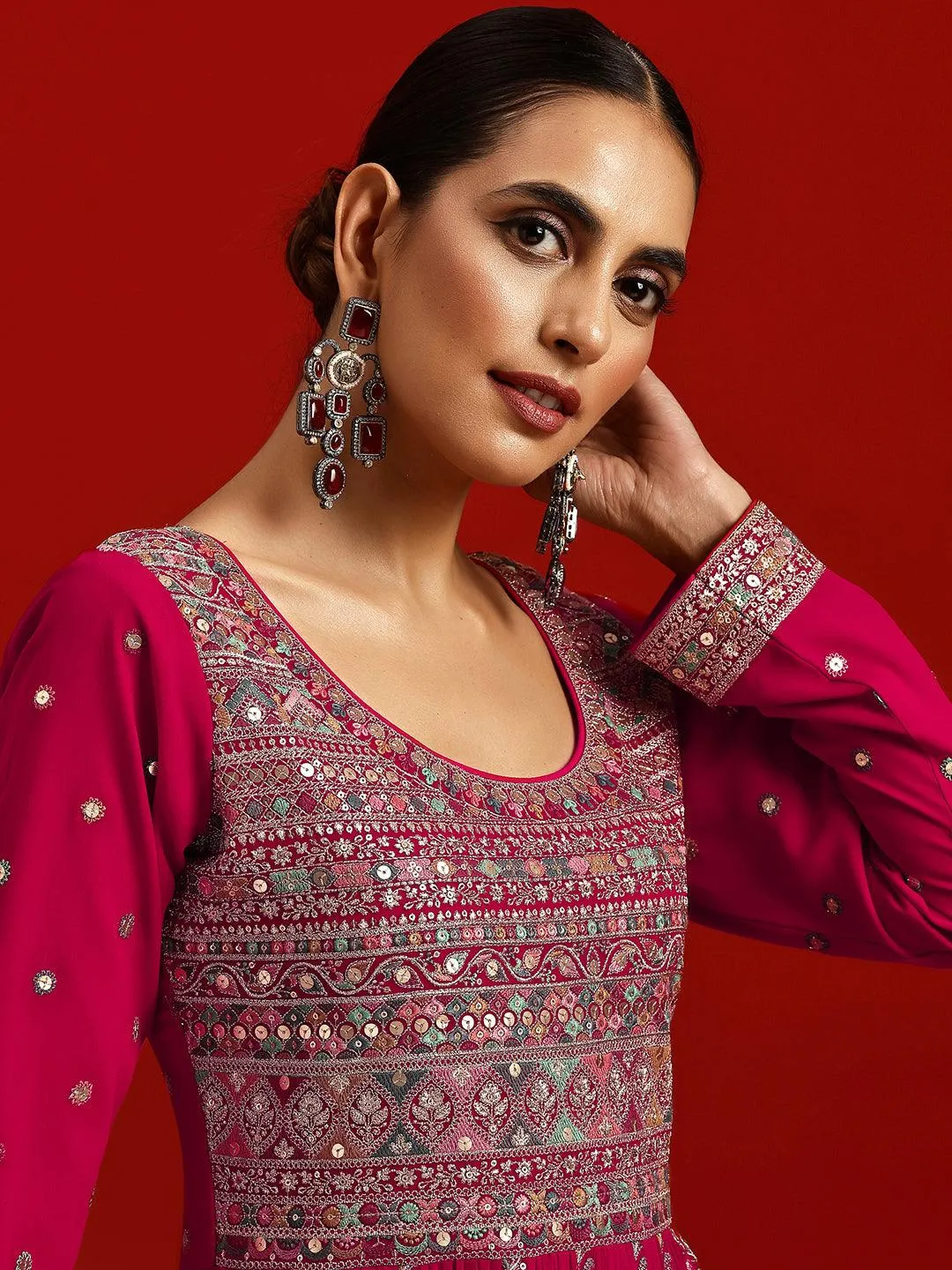 Jashvi Art Hot Pink Embroidered Georgette A-Line Kurta With Palazzos & Dupatta
