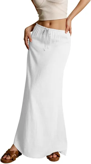 Linen Maxi Skirts for Women Summer 2025 Vacation A Line Skirt Long Cover Ups Comfy Drawstring Low Waist Boho Skirt