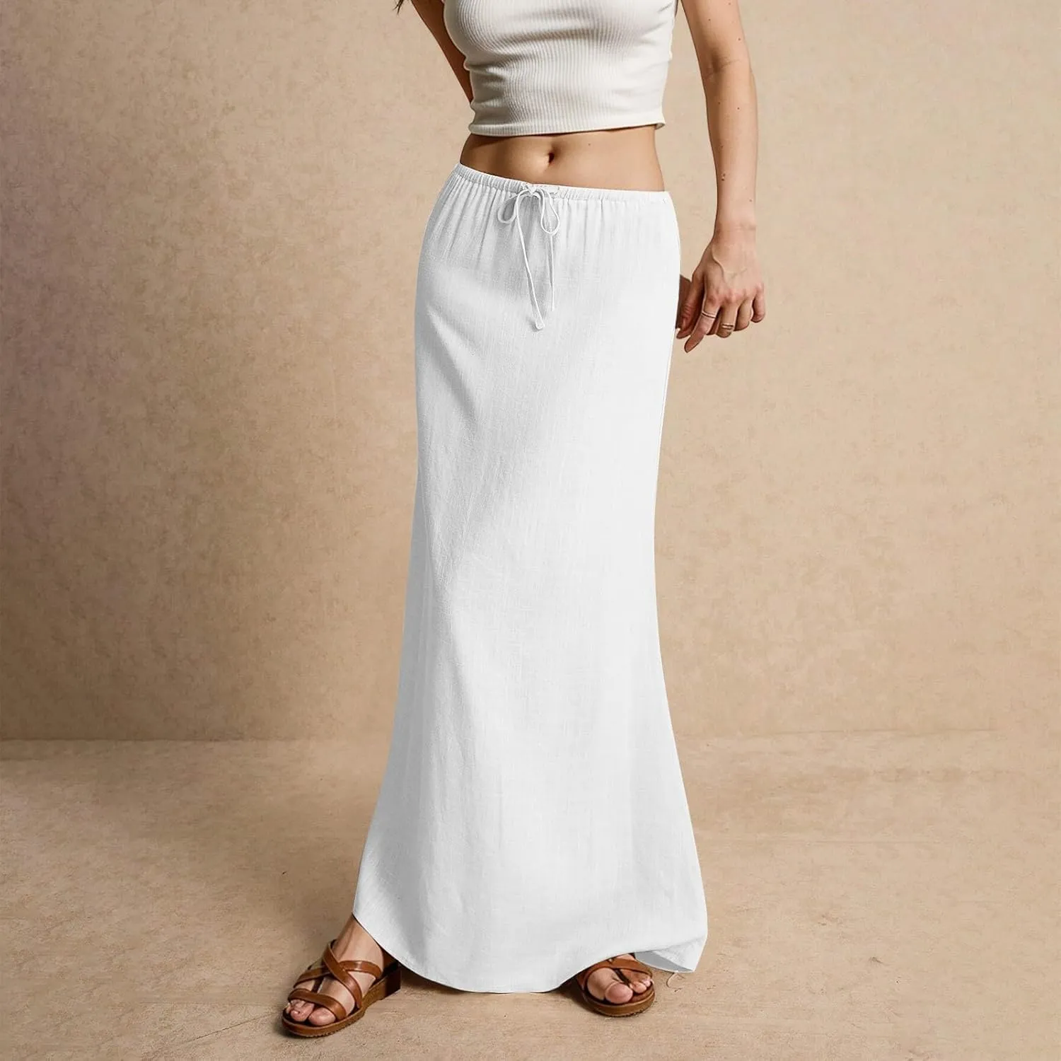 Linen Maxi Skirts for Women Summer 2025 Vacation A Line Skirt Long Cover Ups Comfy Drawstring Low Waist Boho Skirt