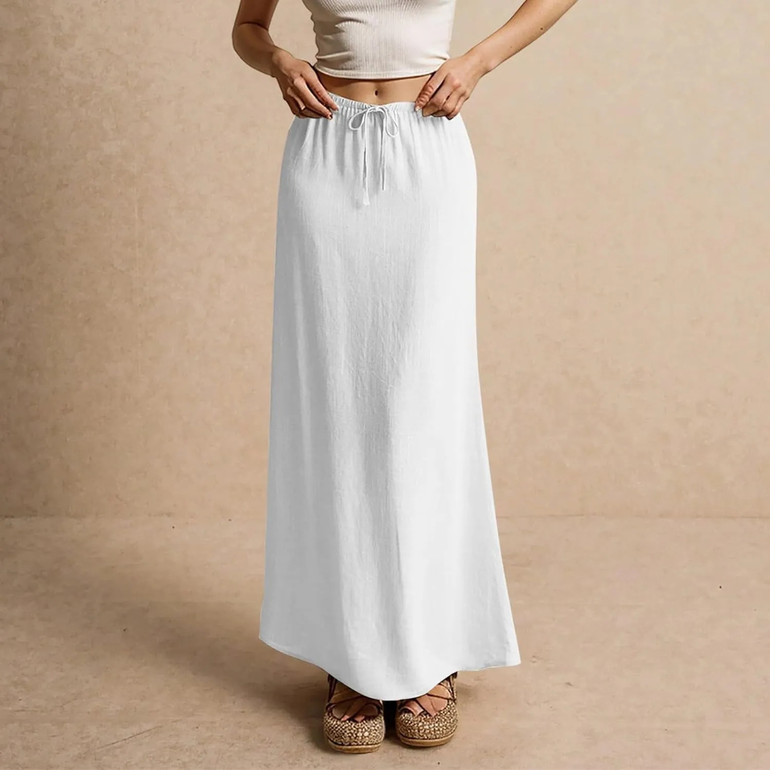Linen Maxi Skirts for Women Summer 2025 Vacation A Line Skirt Long Cover Ups Comfy Drawstring Low Waist Boho Skirt