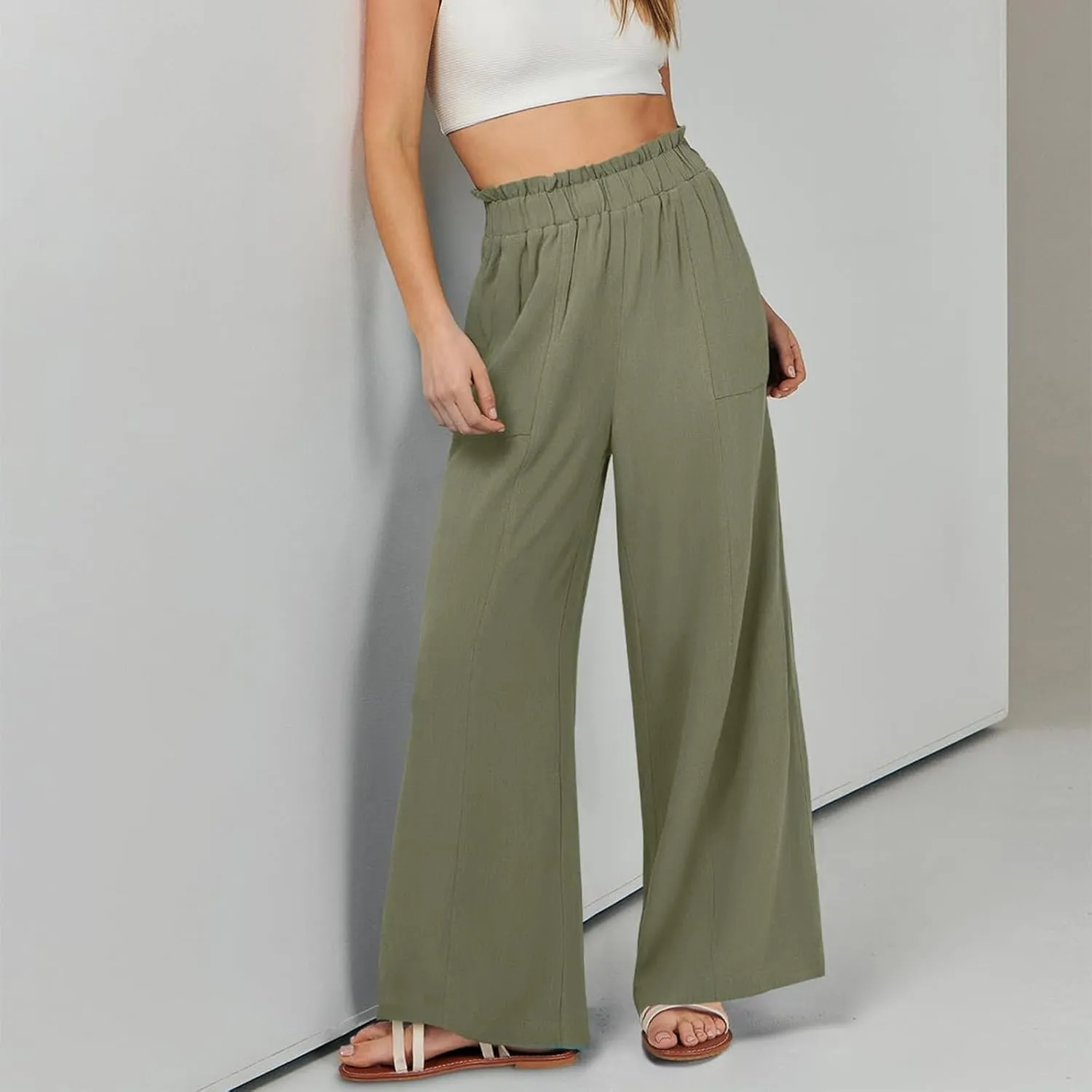 Linen Pants Women Summer Casual Baggy Wide Leg Beach Pants Elastic High Waisted Pull on Vacation Pants with Pockets
