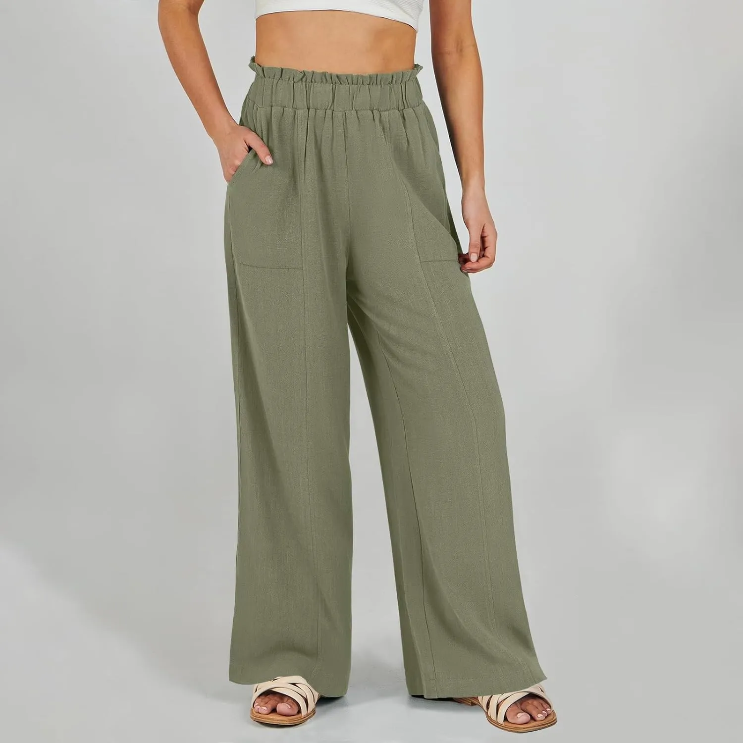 Linen Pants Women Summer Casual Baggy Wide Leg Beach Pants Elastic High Waisted Pull on Vacation Pants with Pockets