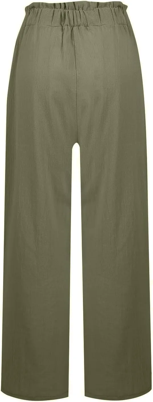 Linen Pants Women Summer Casual Baggy Wide Leg Beach Pants Elastic High Waisted Pull on Vacation Pants with Pockets