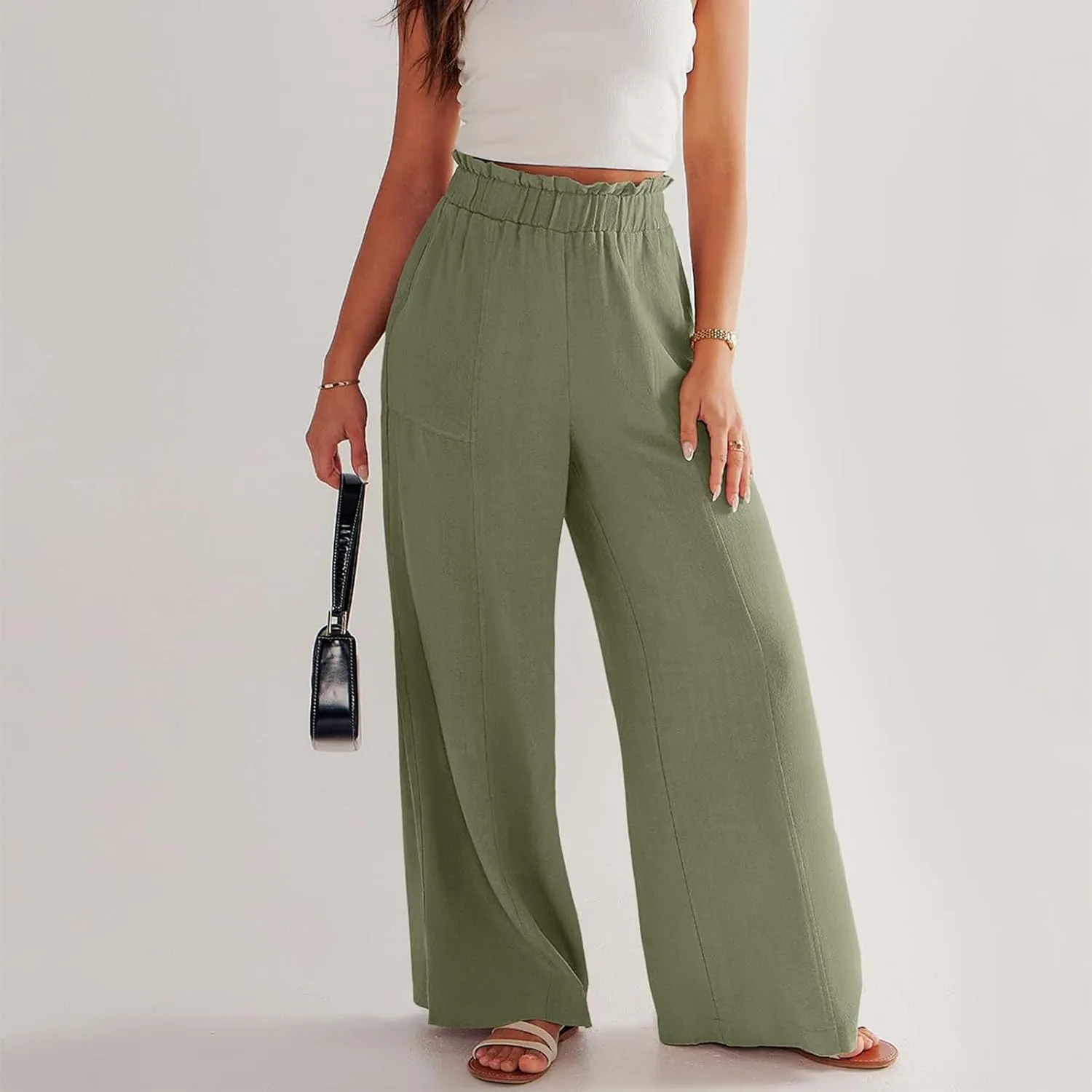 Linen Pants Women Summer Casual Baggy Wide Leg Beach Pants Elastic High Waisted Pull on Vacation Pants with Pockets