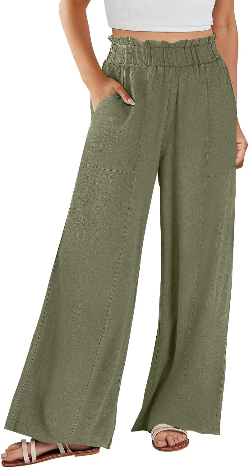 Linen Pants Women Summer Casual Baggy Wide Leg Beach Pants Elastic High Waisted Pull on Vacation Pants with Pockets